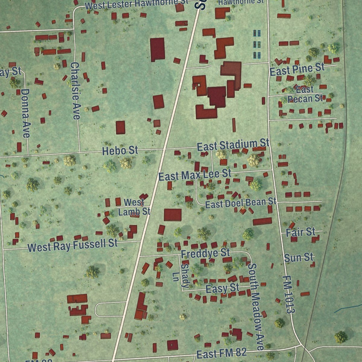 Close-up of the map of Kirbyville, Texas print showing street and building detail