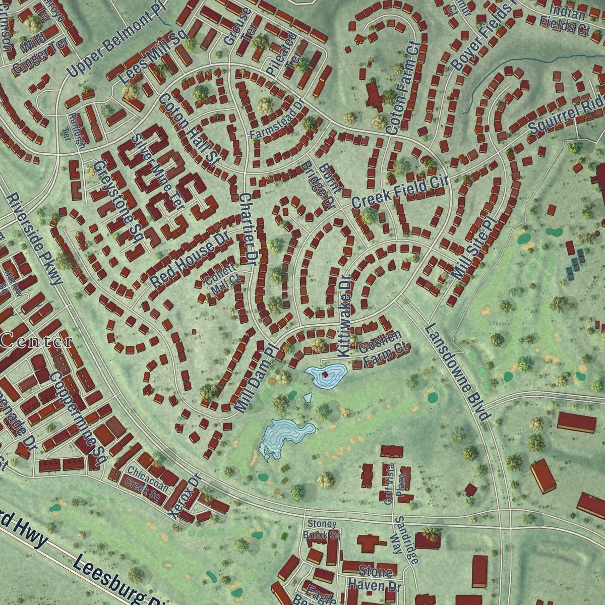 Close-up of the map of Lansdowne, Virginia print showing street and building detail
