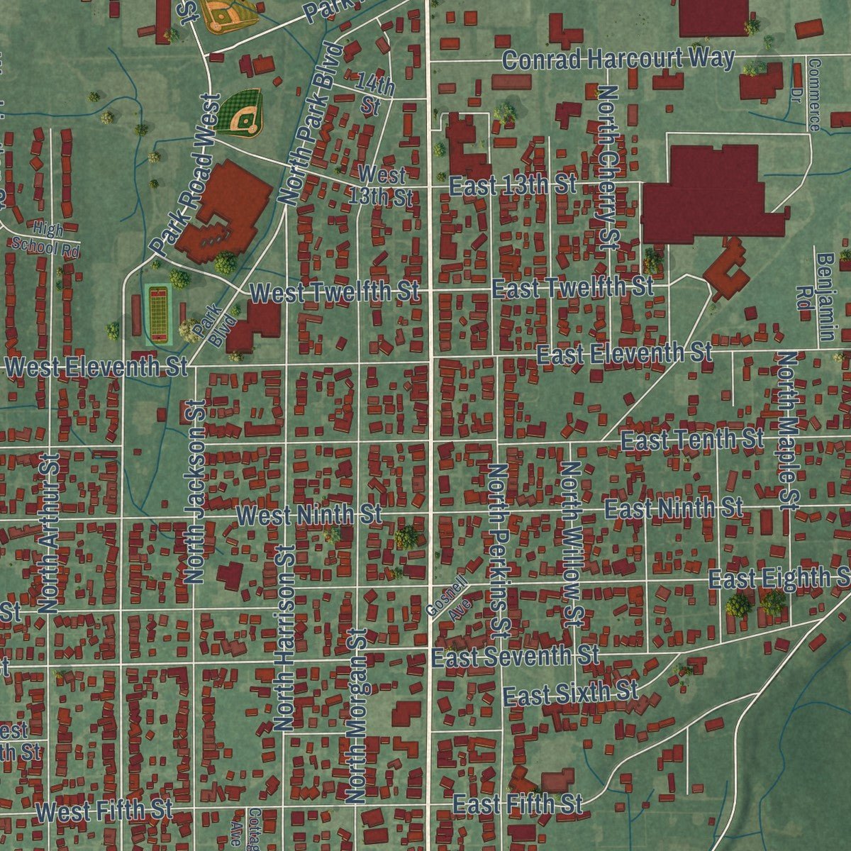 Close-up of the map of Rushville, Indiana print showing street and building detail