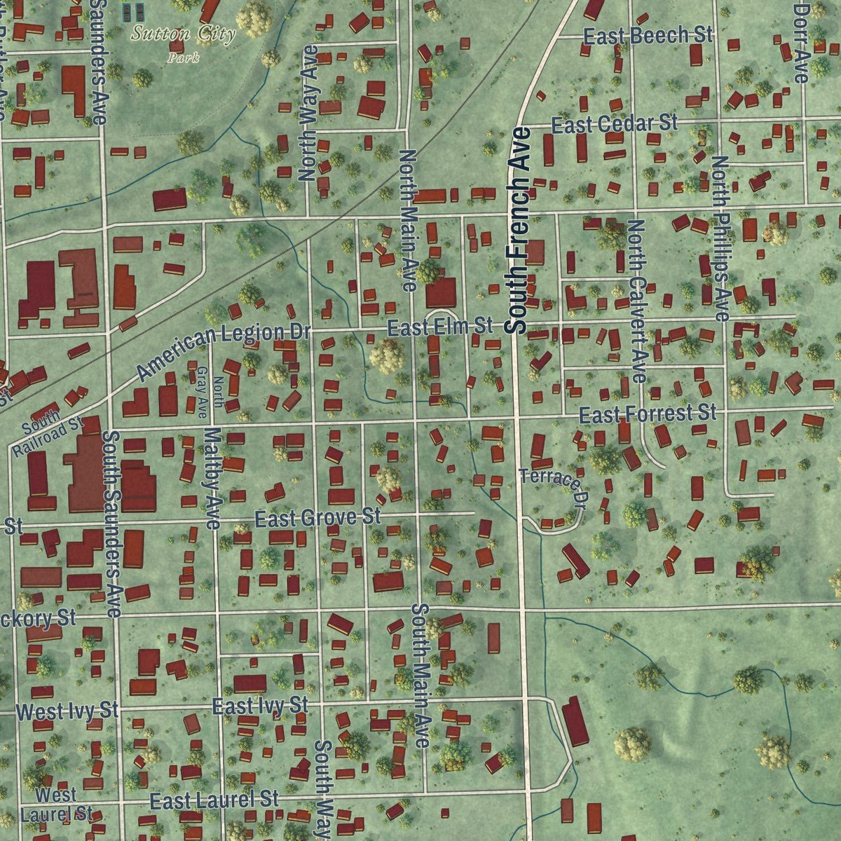 Close-up of the map of Sutton, Nebraska print showing street and building detail
