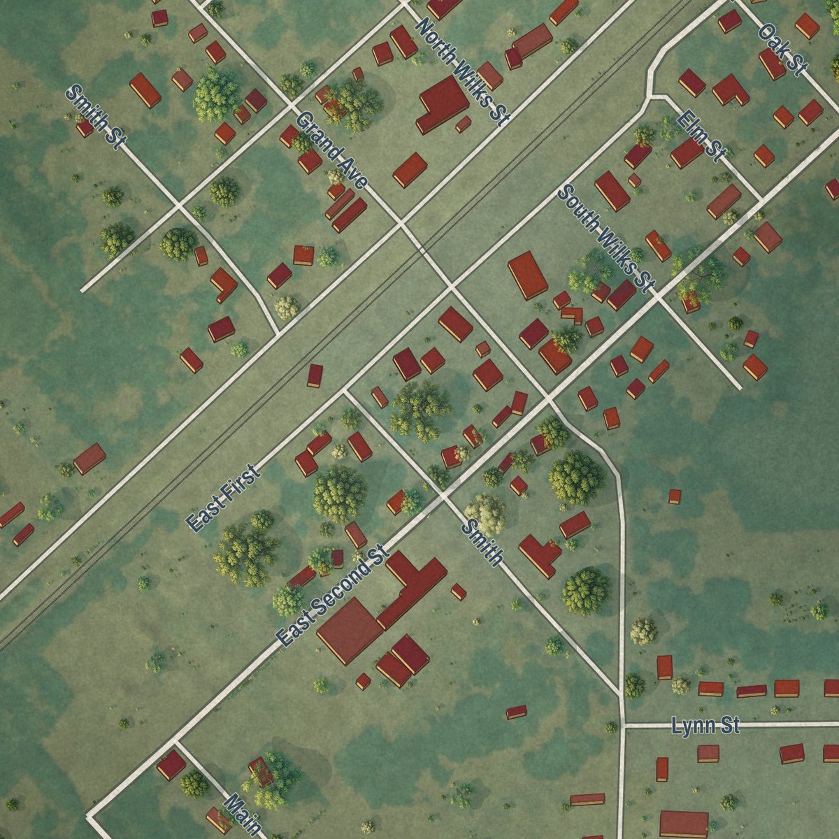 Close-up of the map of McRae, Arkansas print showing street and building detail