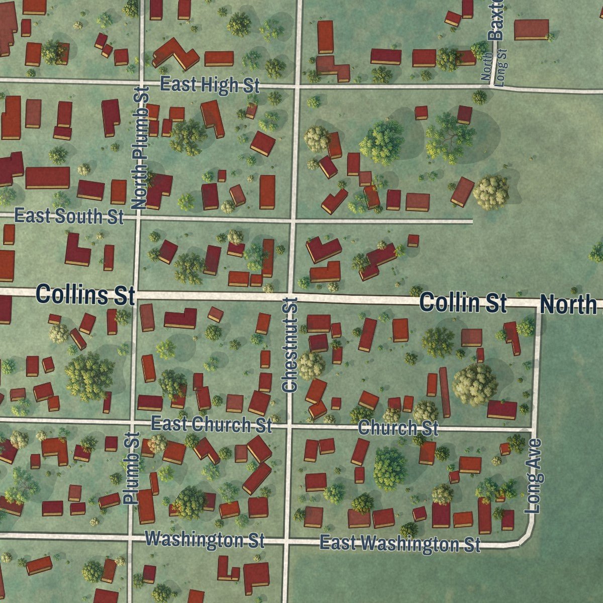 Close-up of the map of Mendon, Illinois print showing street and building detail