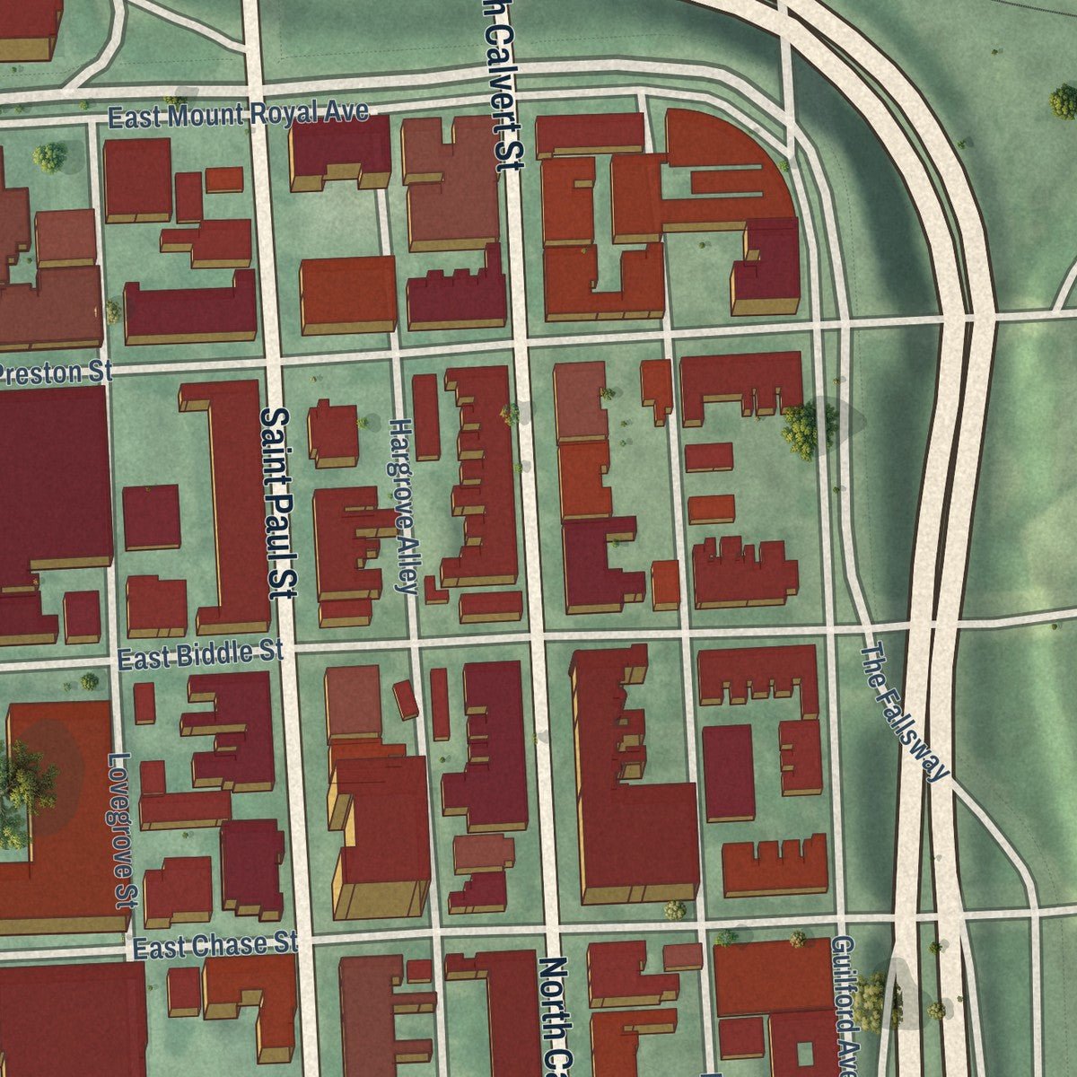 Close-up of the map of Mid-Town Belvedere, Maryland print showing street and building detail