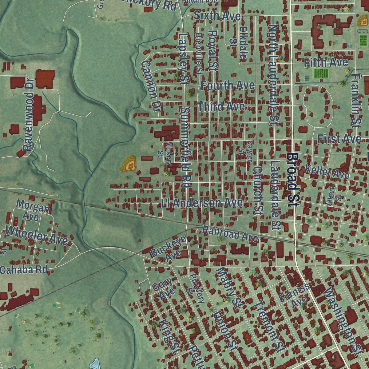 Close-up of the map of Selma, Alabama print showing street and building detail