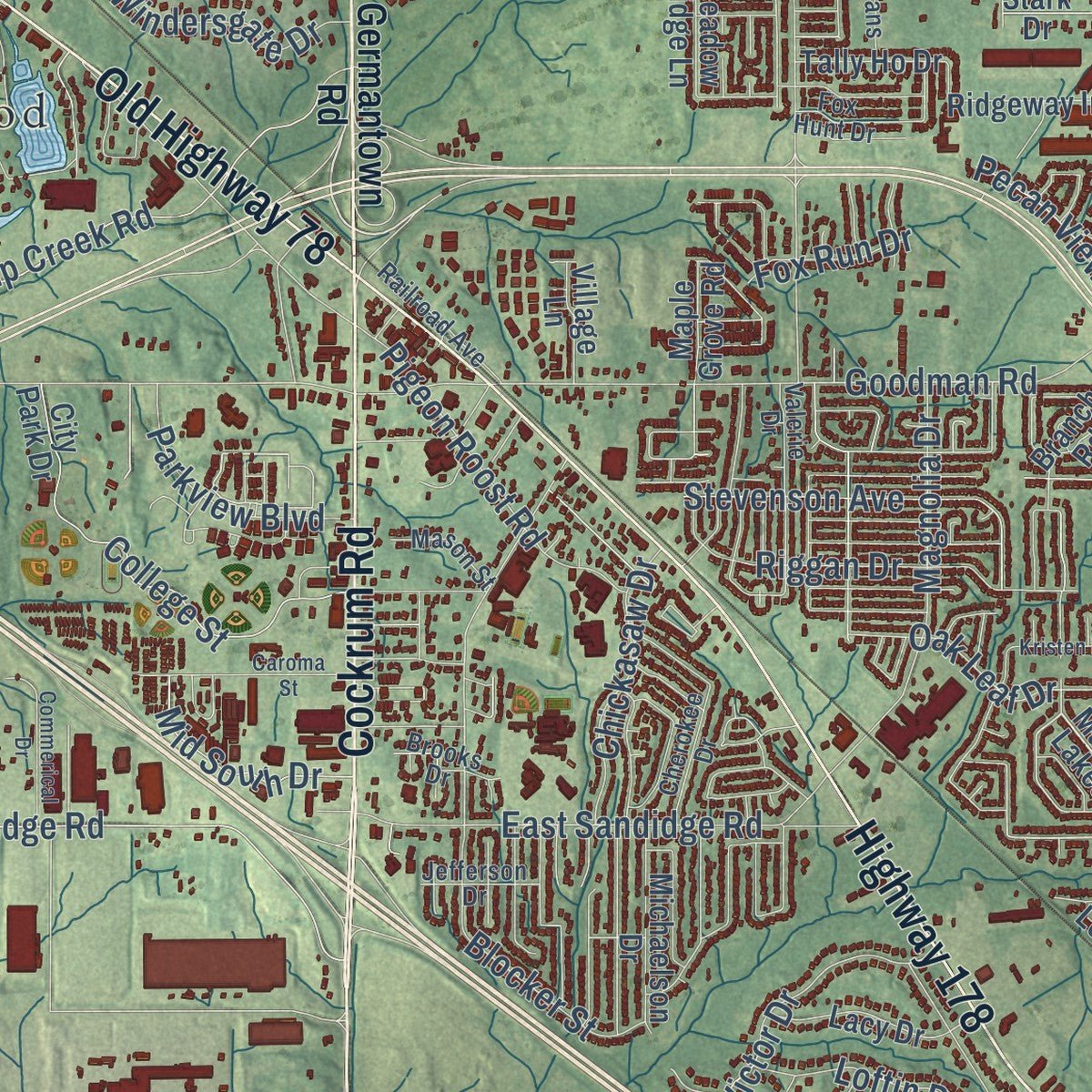 Close-up of the map of Olive Branch, Mississippi print showing street and building detail