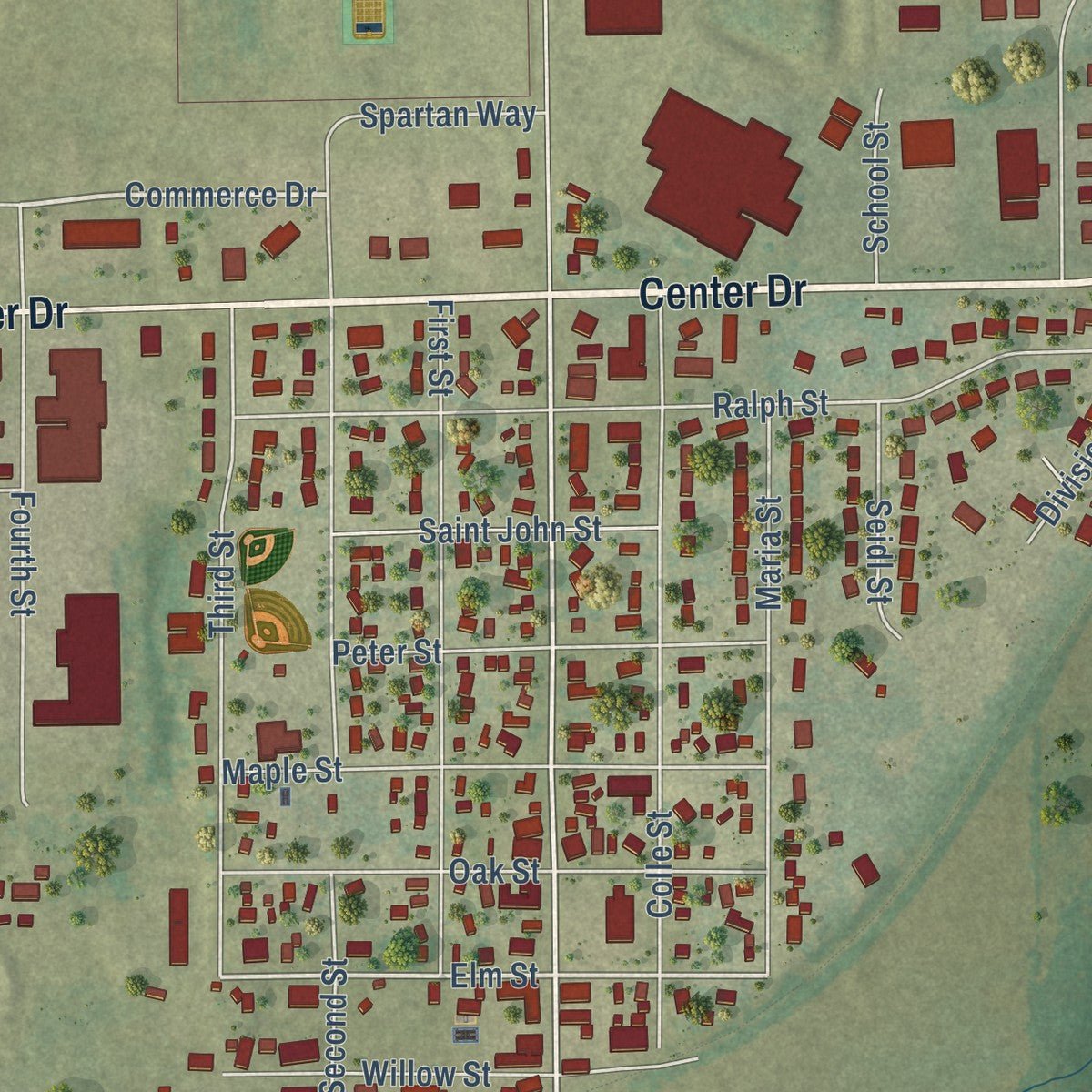 Close-up of the map of Luxemburg, Wisconsin print showing street and building detail
