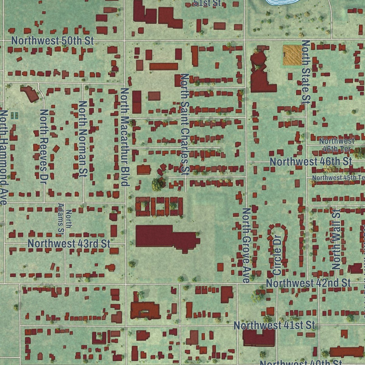 Close-up of the map of Warr Acres, Oklahoma print showing street and building detail