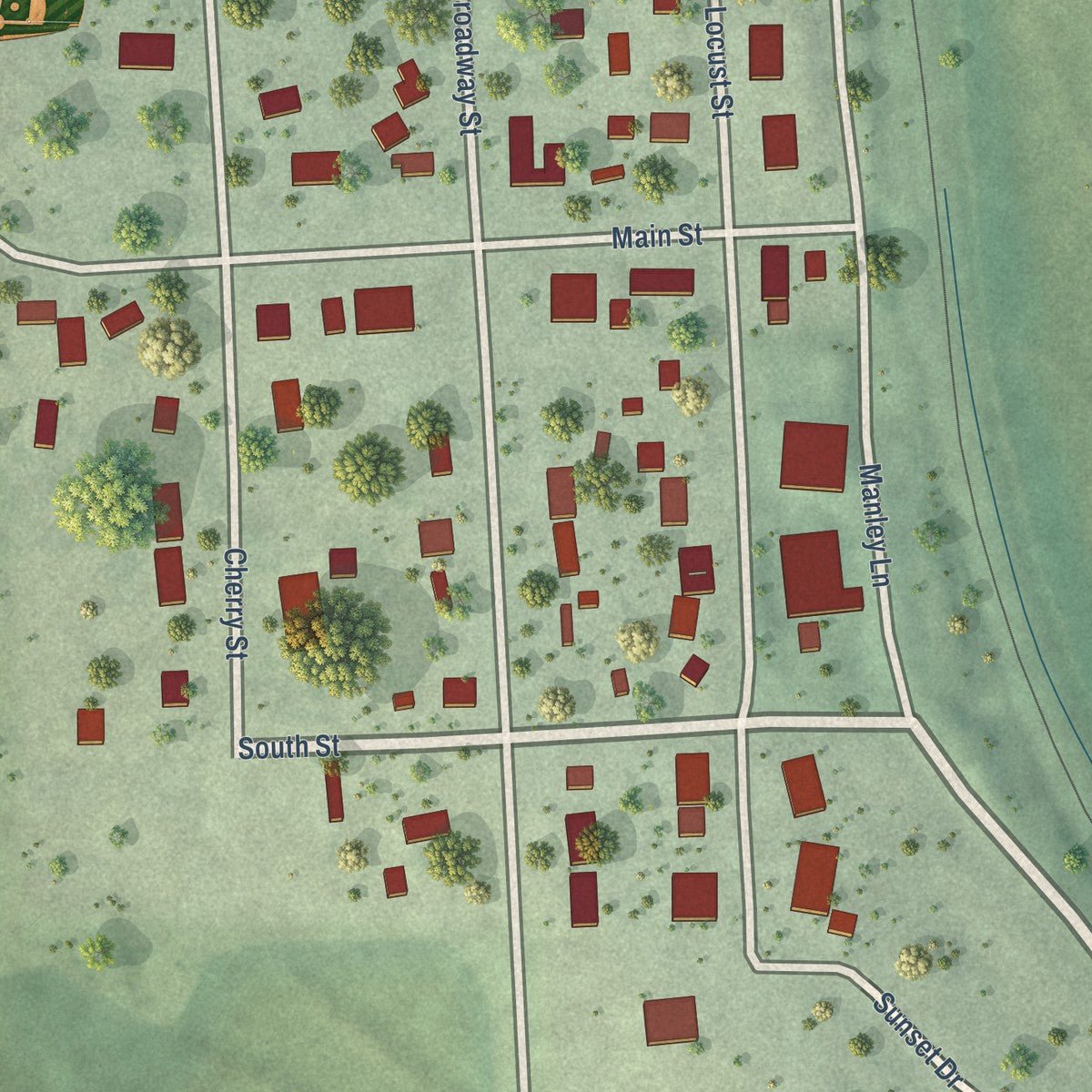 Close-up of the map of Manley, Nebraska print showing street and building detail