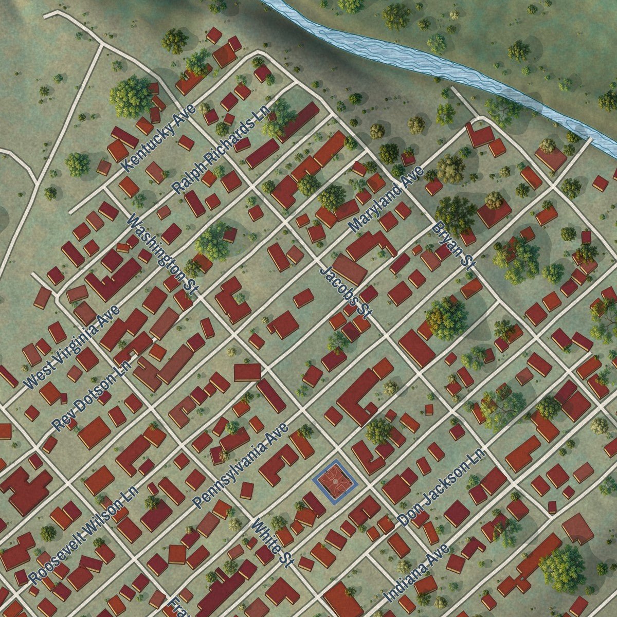 Close-up of the map of Nutter Fort, West Virginia print showing street and building detail