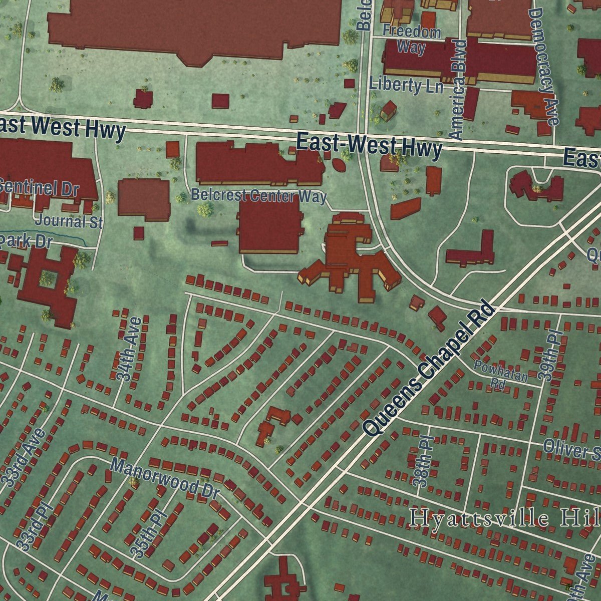Close-up of the map of Hyattsville, Maryland print showing street and building detail