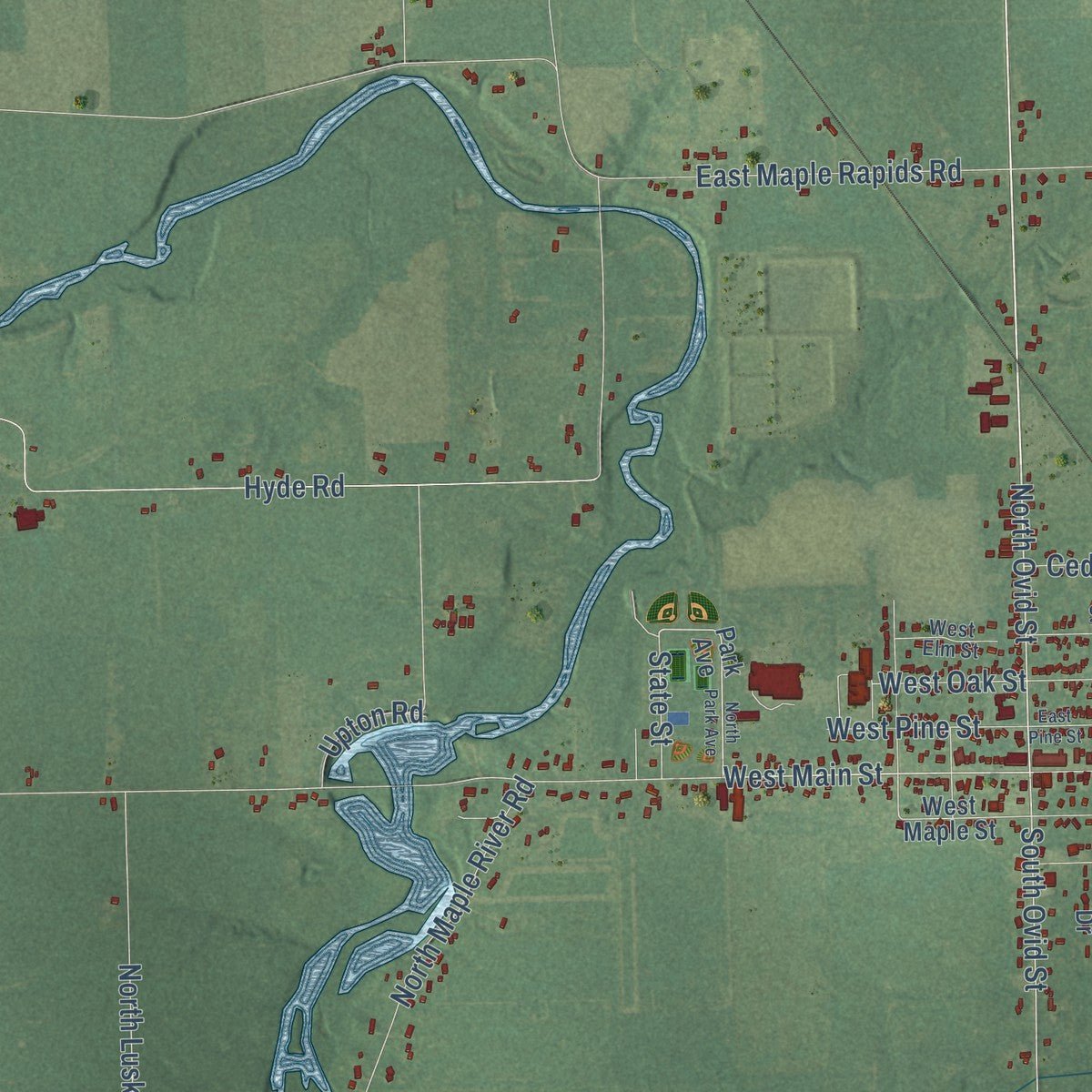 Close-up of the map of Duplain, Michigan print showing street and building detail