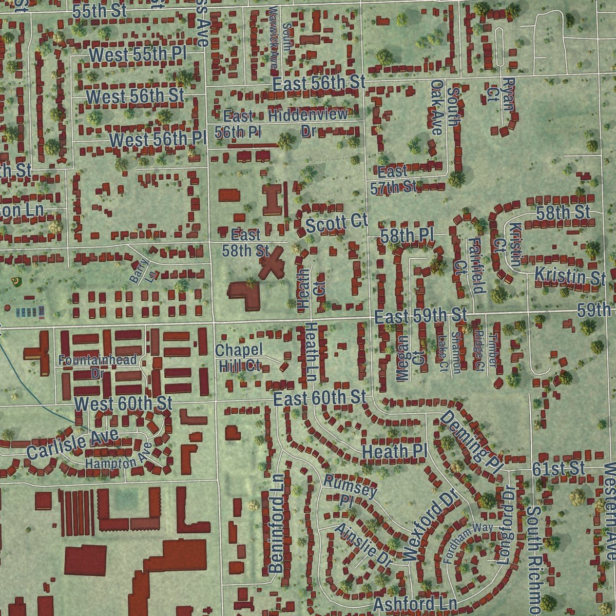 Close-up of the map of Westmont, Illinois print showing street and building detail