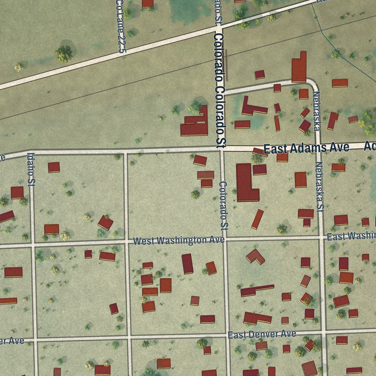 Close-up of the map of Sugar City, Colorado print showing street and building detail