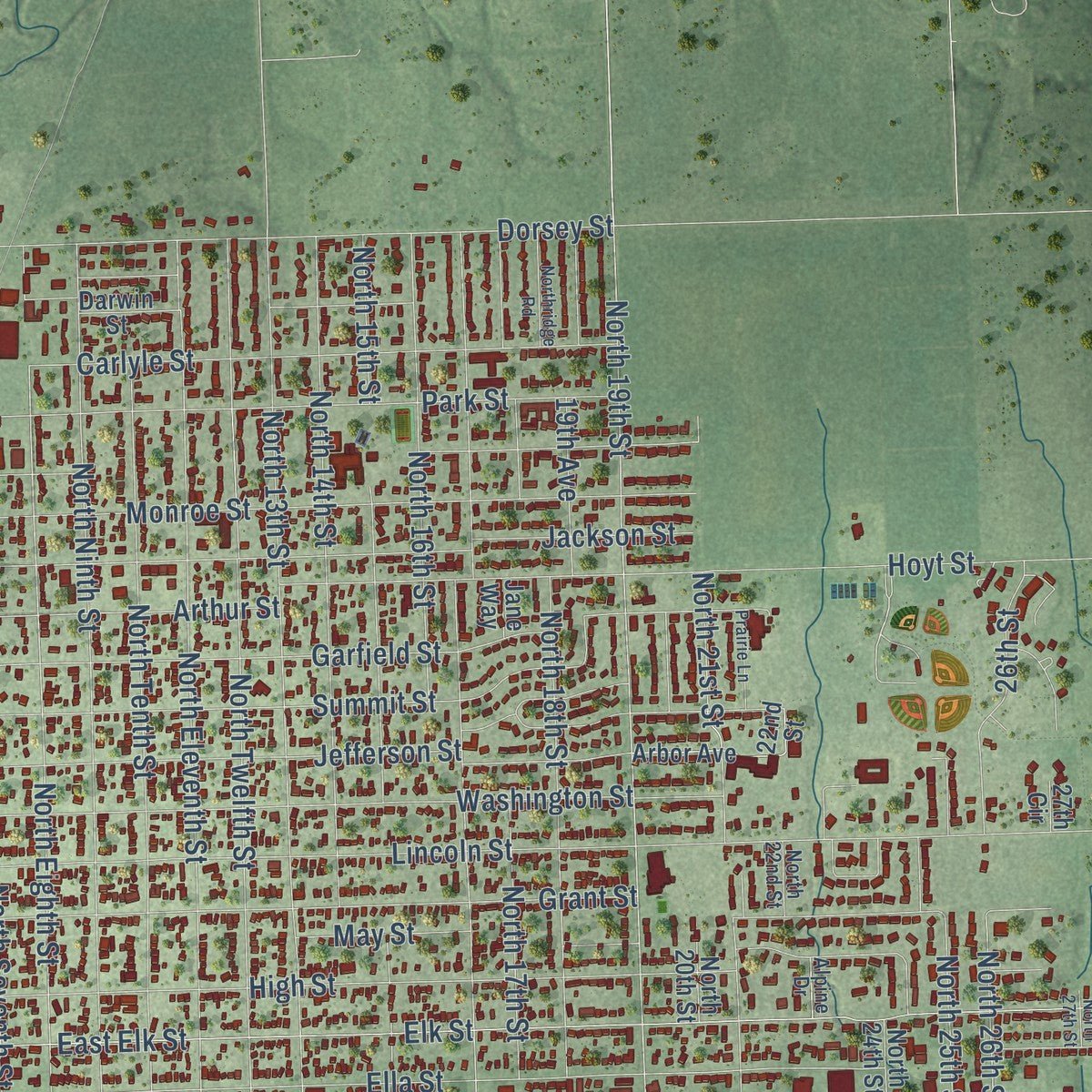 Close-up of the map of Beatrice, Nebraska print showing street and building detail