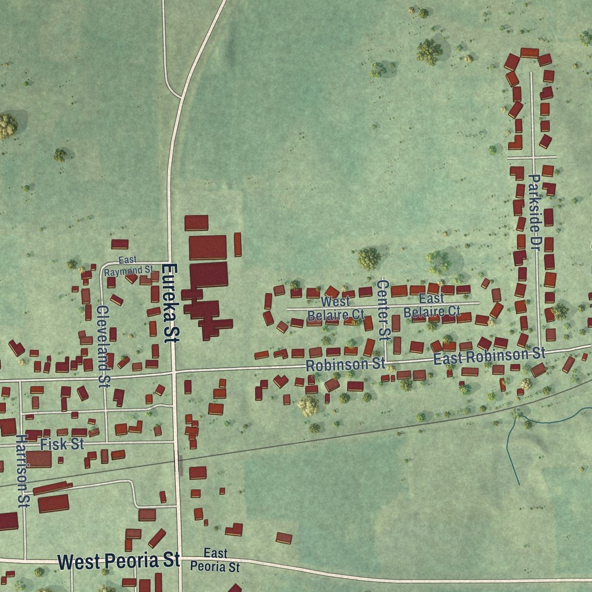 Close-up of the map of Goodfield, Illinois print showing street and building detail