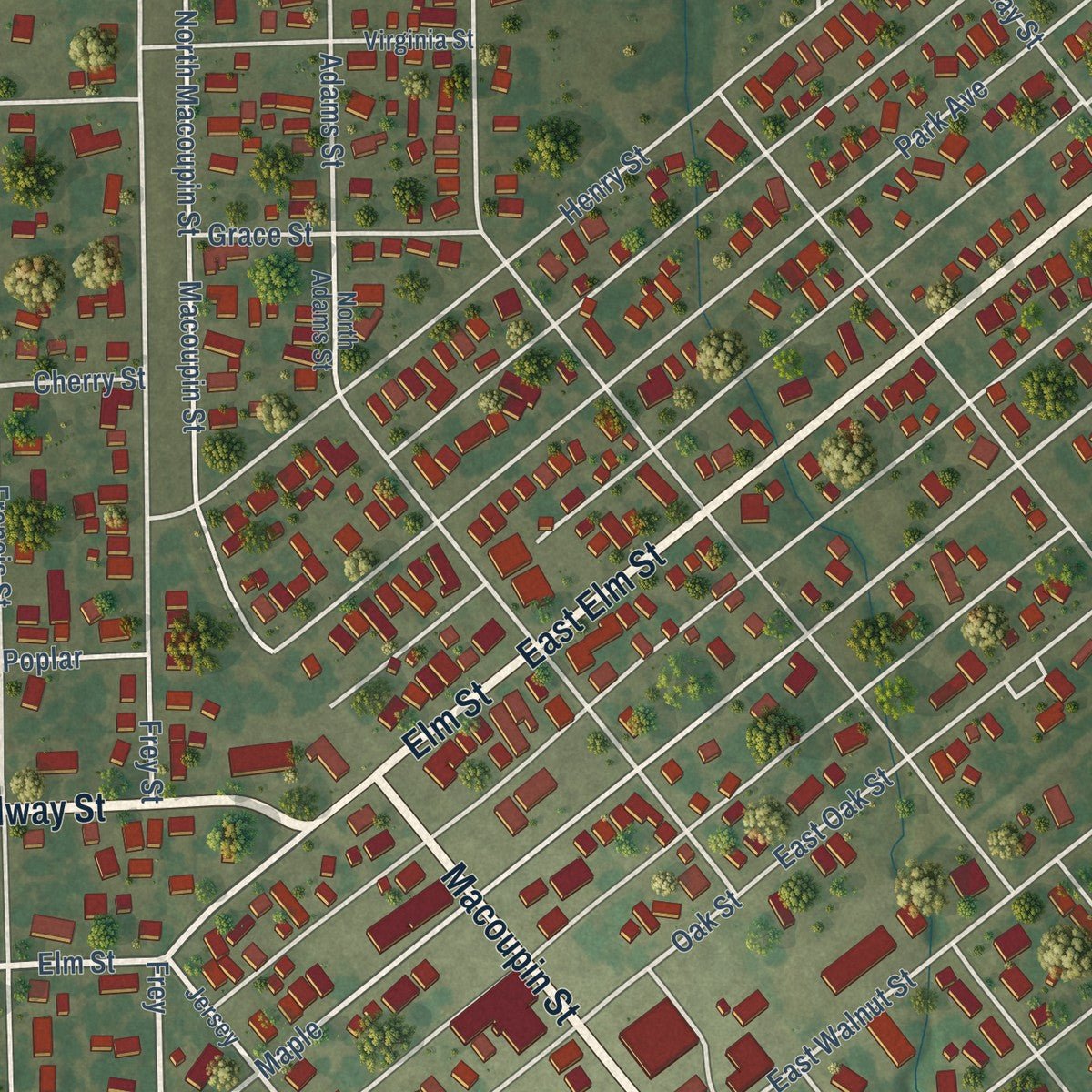Close-up of the map of Gillespie, Illinois print showing street and building detail