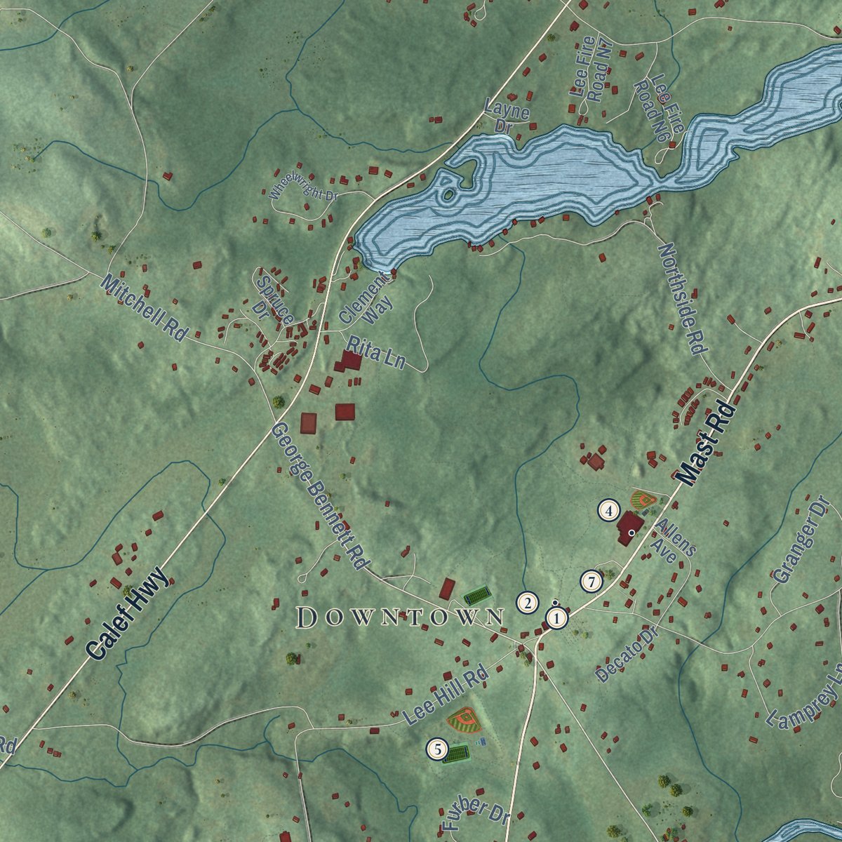 Close-up of the map of Lee, New Hampshire print showing street and building detail