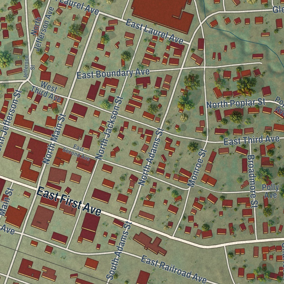 Close-up of the map of Plentywood, Montana print showing street and building detail