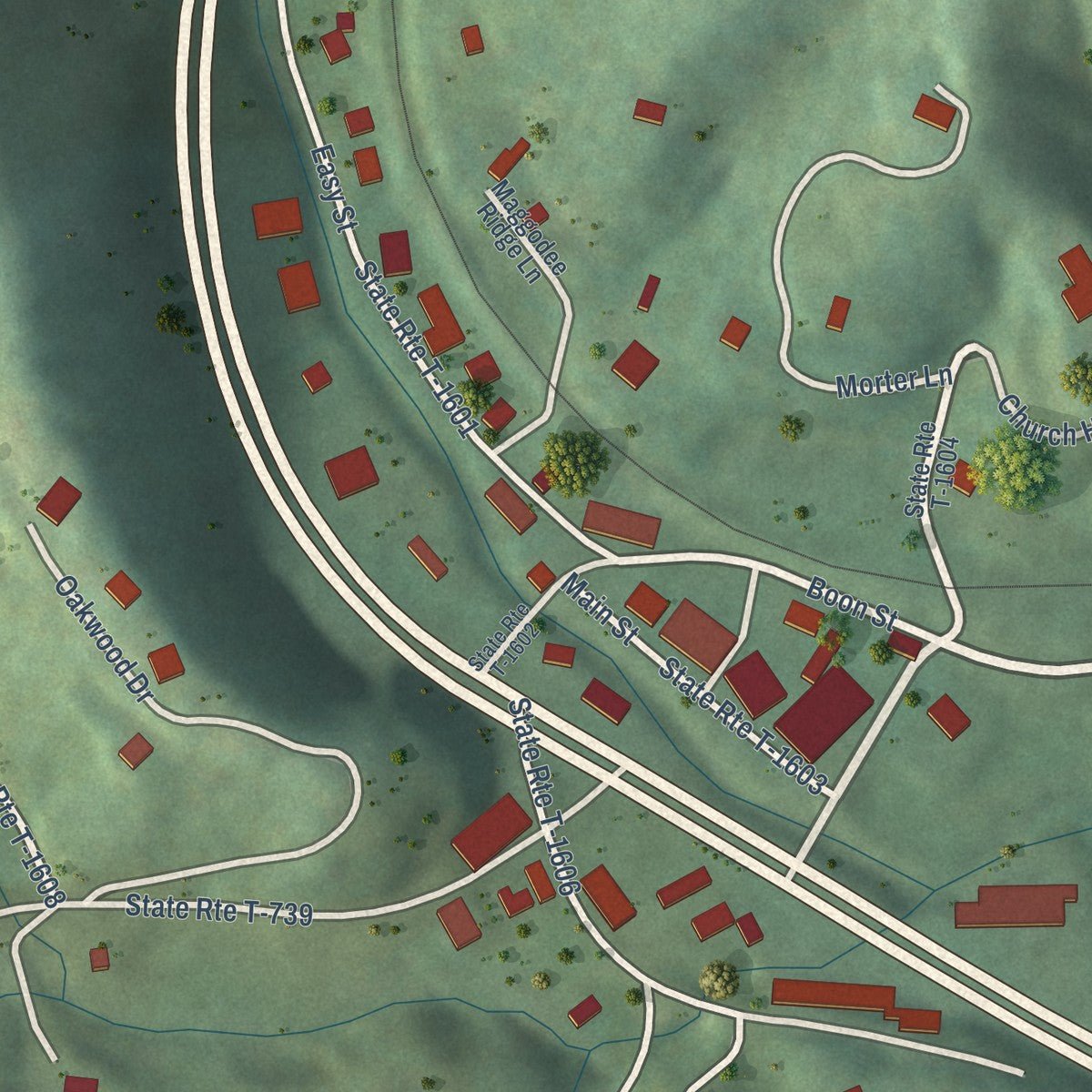 Close-up of the map of Boones Mill, Virginia print showing street and building detail