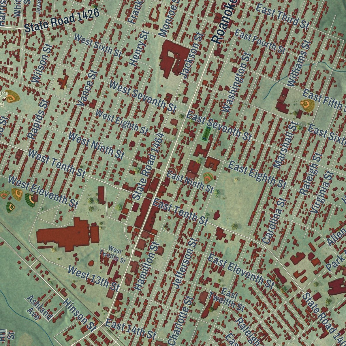 Close-up of the map of Roanoke Rapids, North Carolina print showing street and building detail