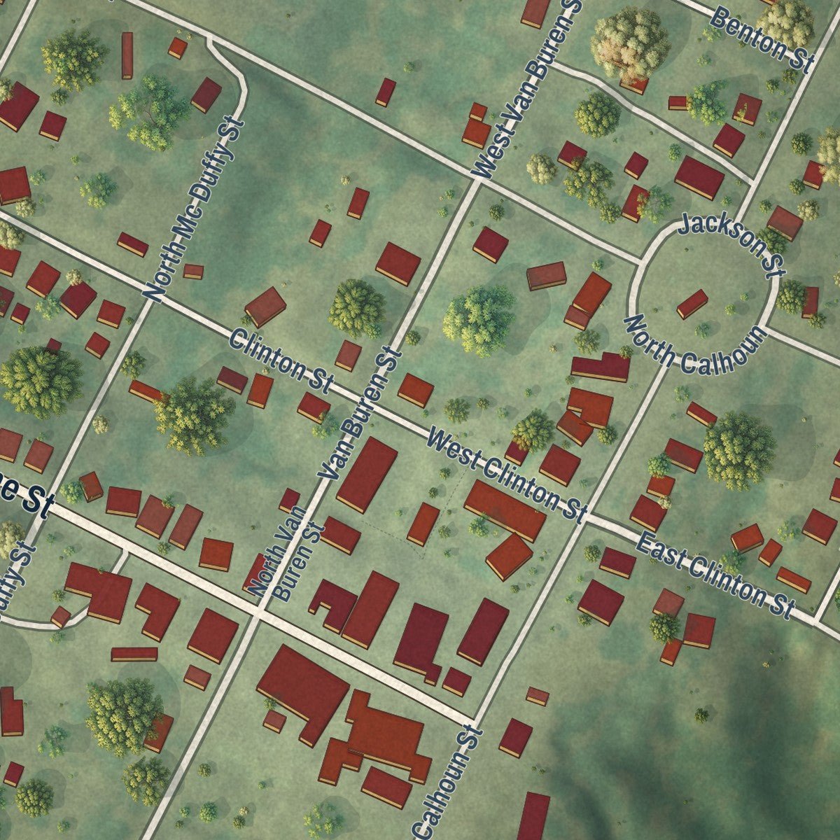 Close-up of the map of Equality, Illinois print showing street and building detail