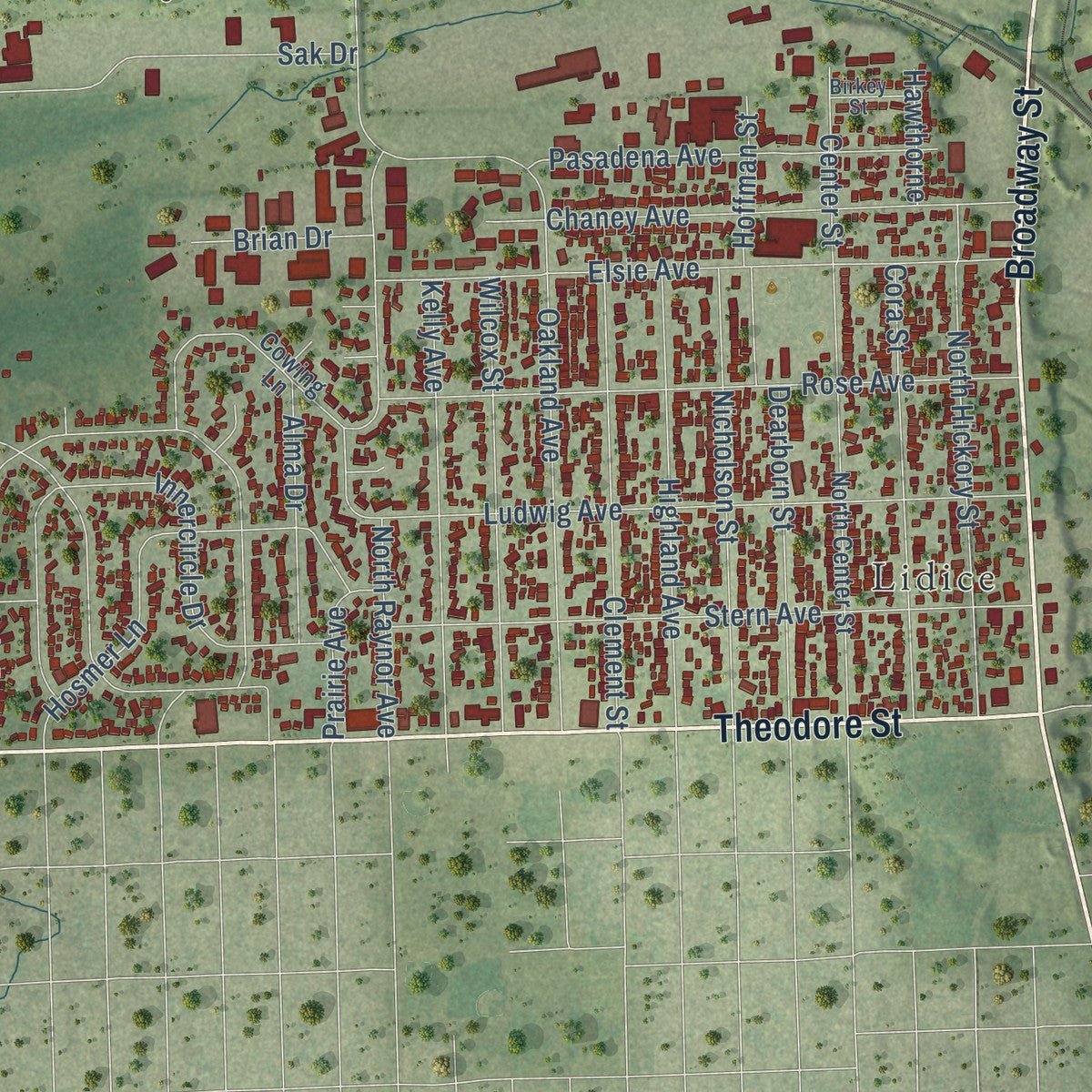Close-up of the map of Crest Hill, Illinois print showing street and building detail