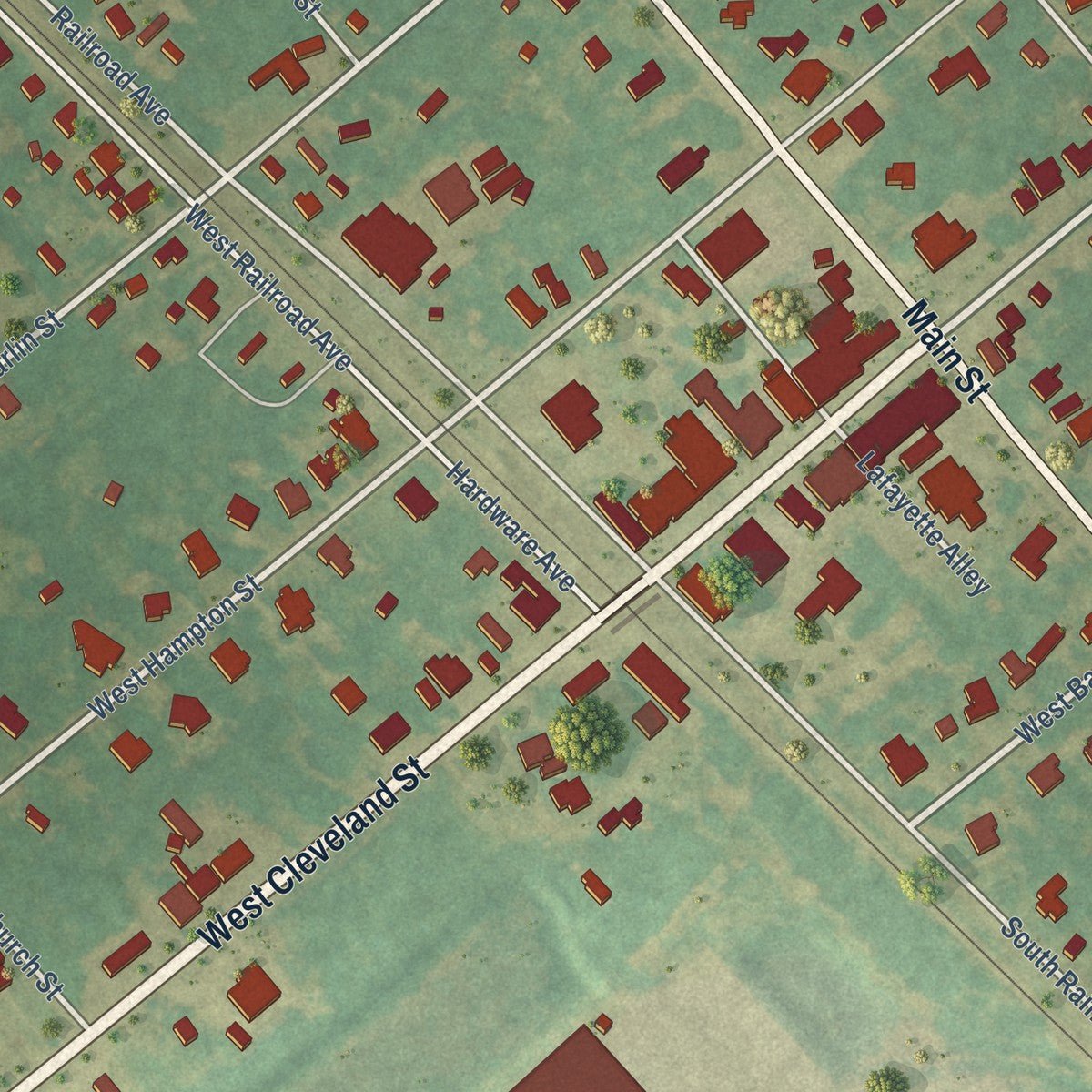 Close-up of the map of Elloree, South Carolina print showing street and building detail