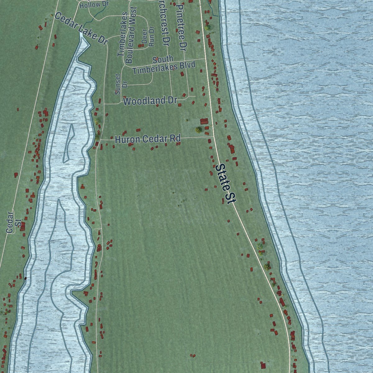 Close-up of the map of Greenbush, Alcona County, Michigan print showing street and building detail