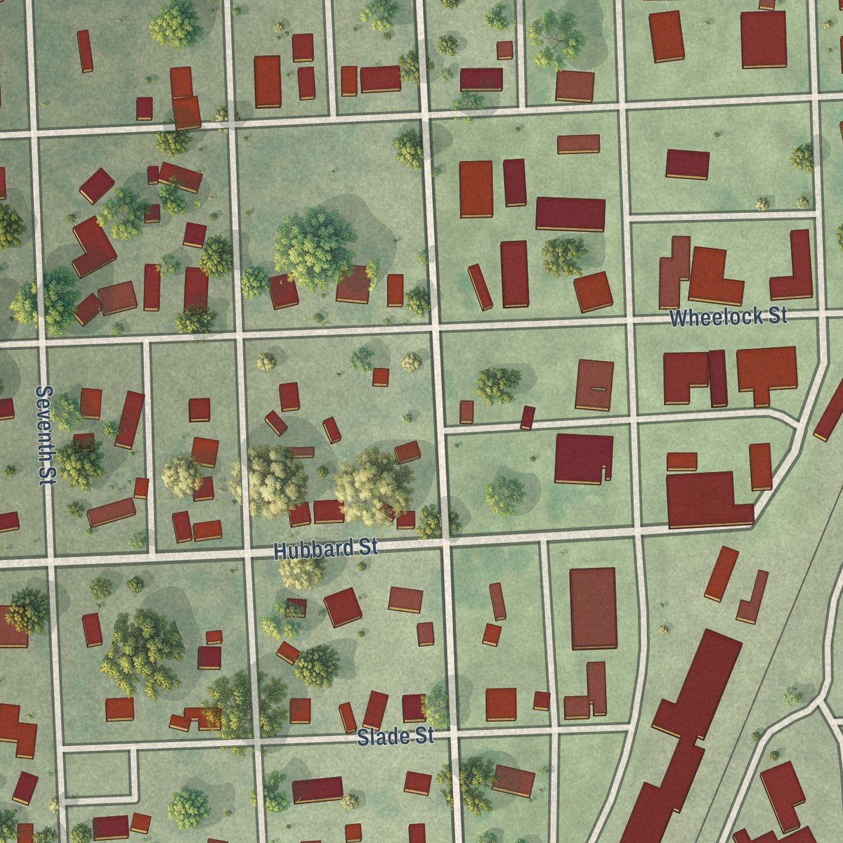 Close-up of the map of Hudson, South Dakota print showing street and building detail