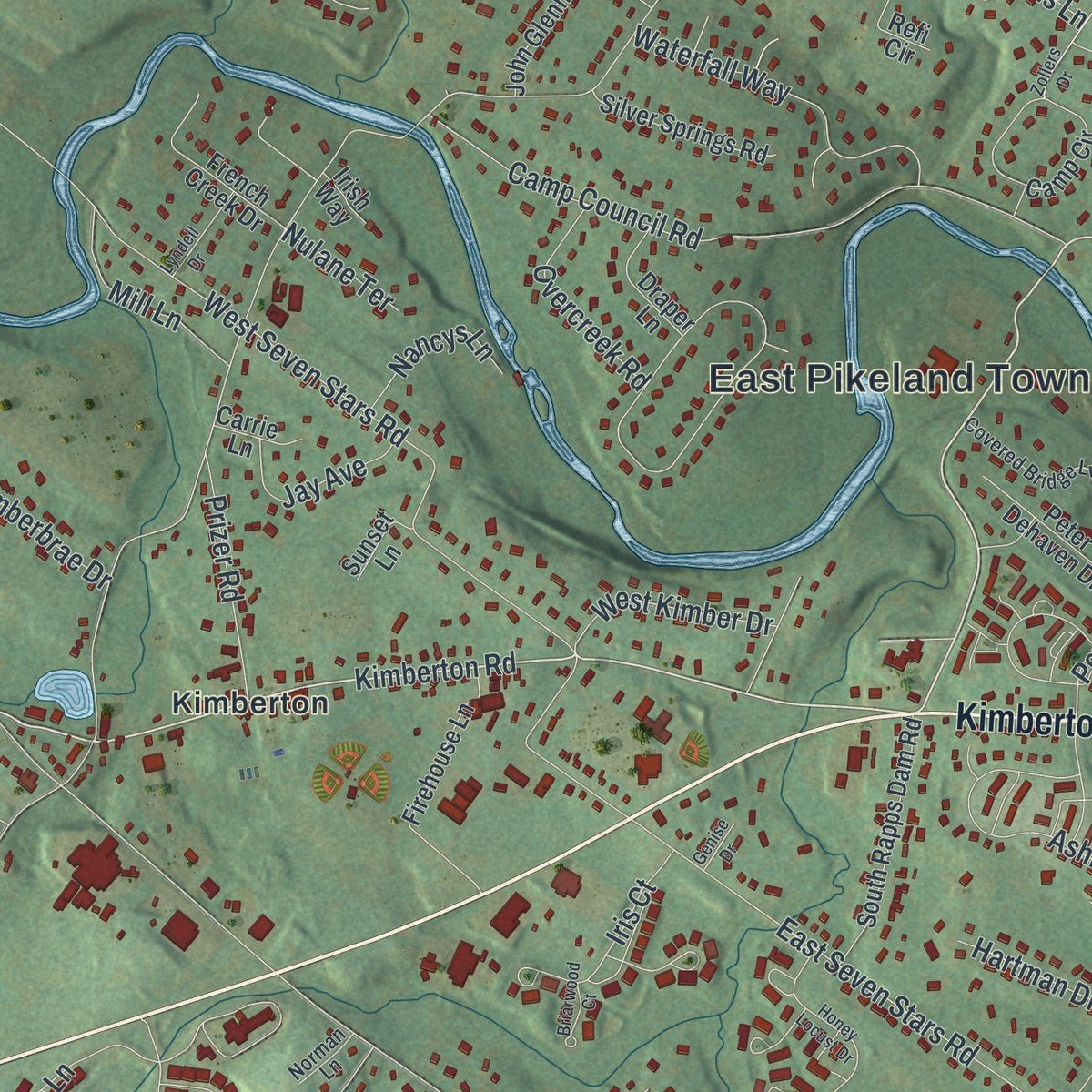 Close-up of the map of East Pikeland, Pennsylvania print showing street and building detail