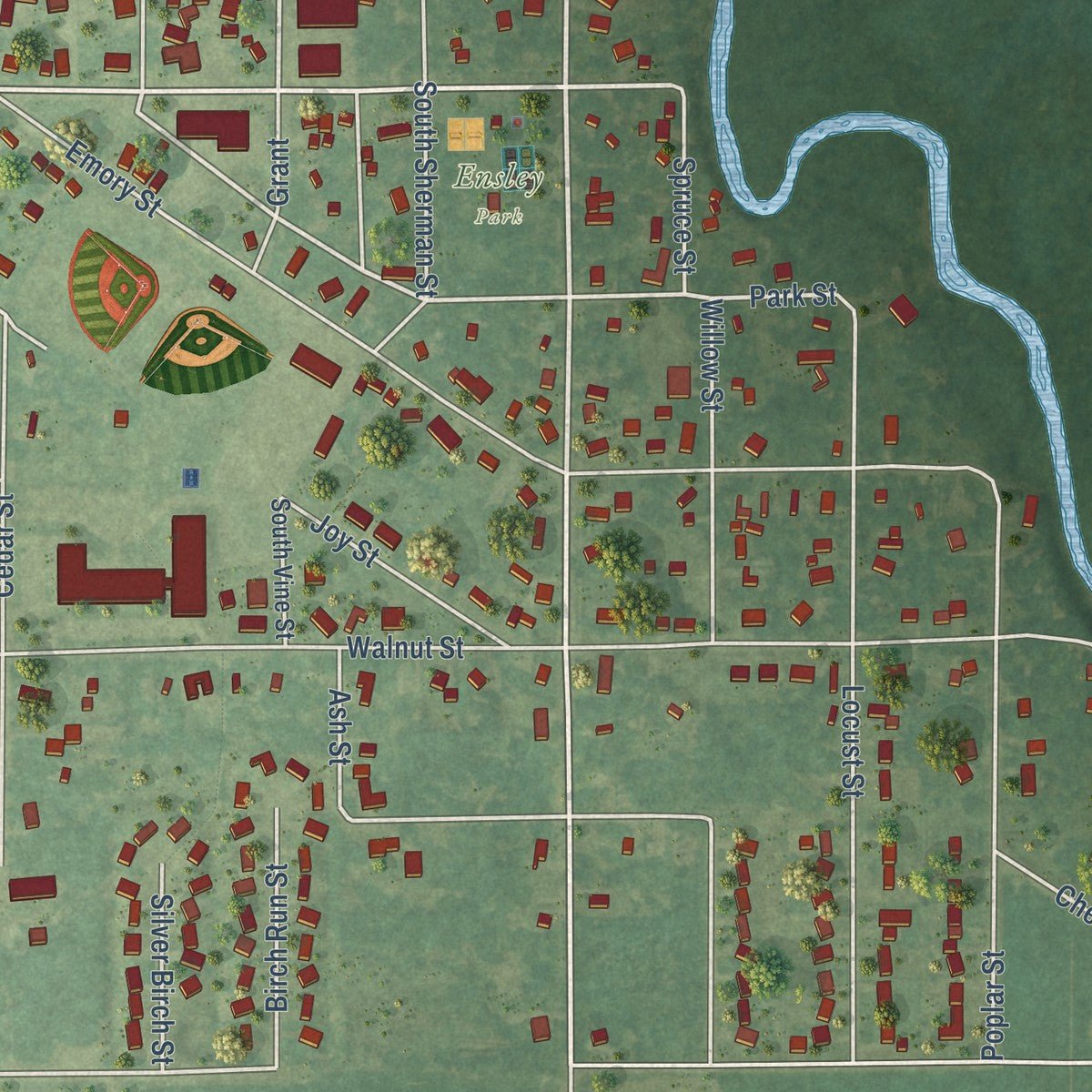 Close-up of the map of Howard City, Michigan print showing street and building detail