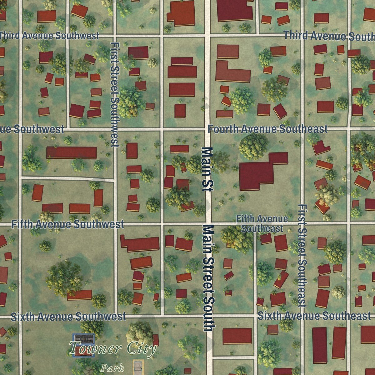 Close-up of the map of Towner, North Dakota print showing street and building detail