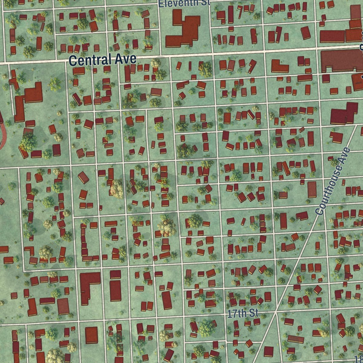 Close-up of the map of Auburn, Nebraska print showing street and building detail