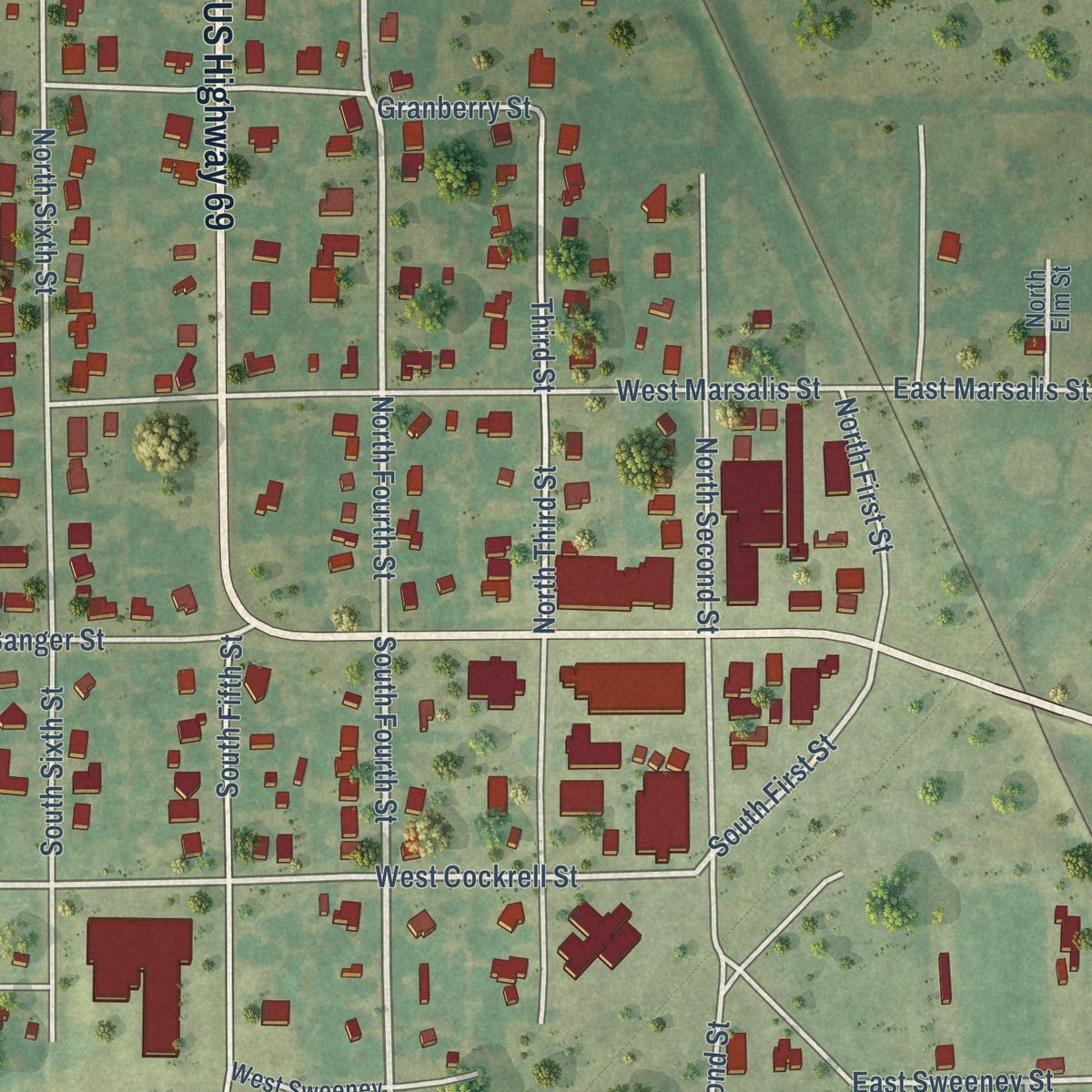 Close-up of the map of Celeste, Texas print showing street and building detail