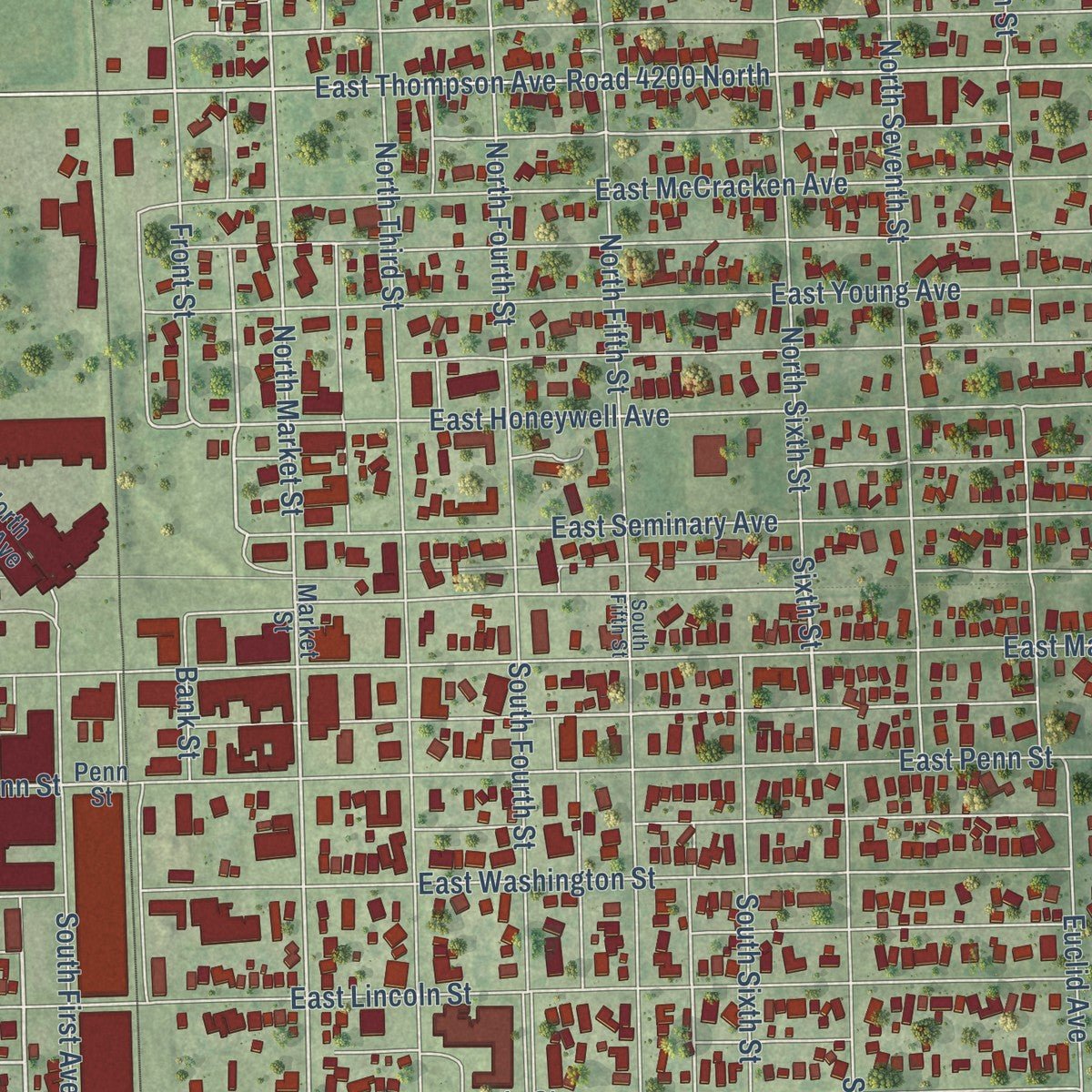 Close-up of the map of Hoopeston, Illinois print showing street and building detail