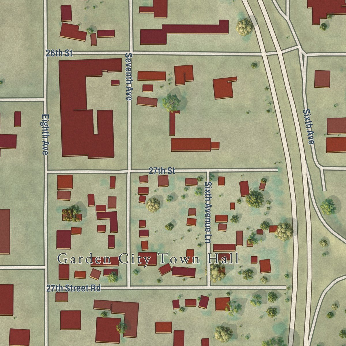Close-up of the map of Garden City, Colorado print showing street and building detail