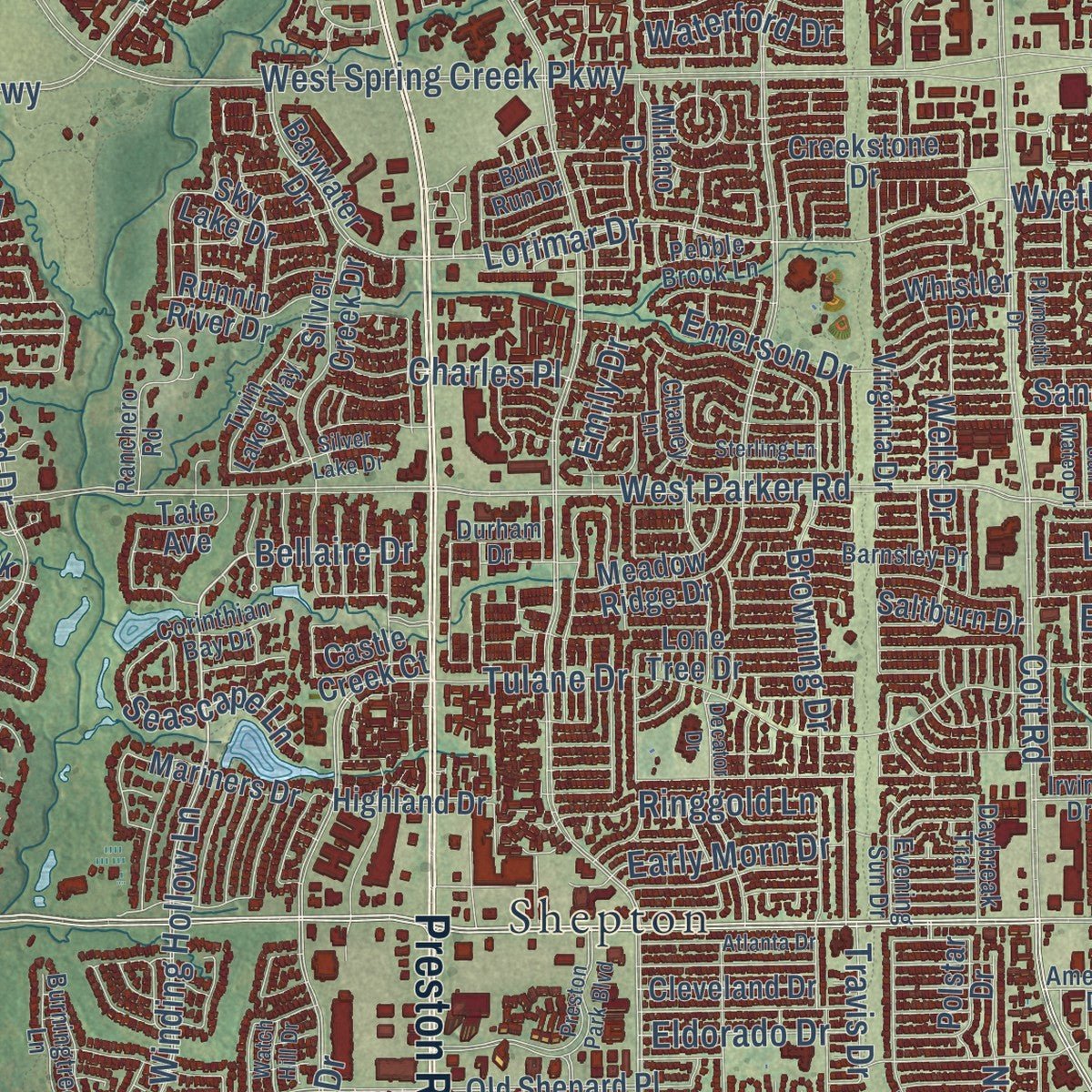 Close-up of the map of Plano, Texas print showing street and building detail