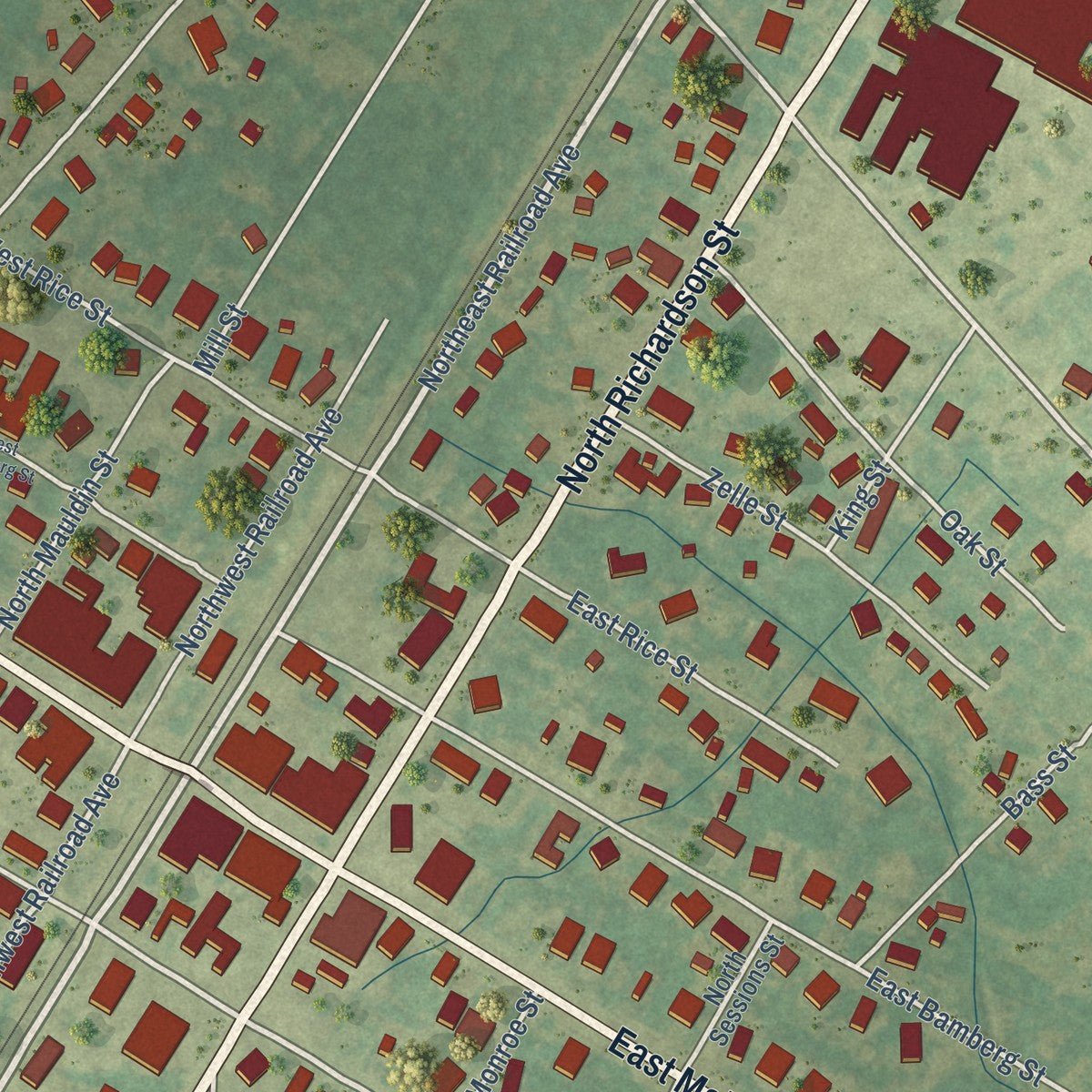 Close-up of the map of Latta, South Carolina print showing street and building detail
