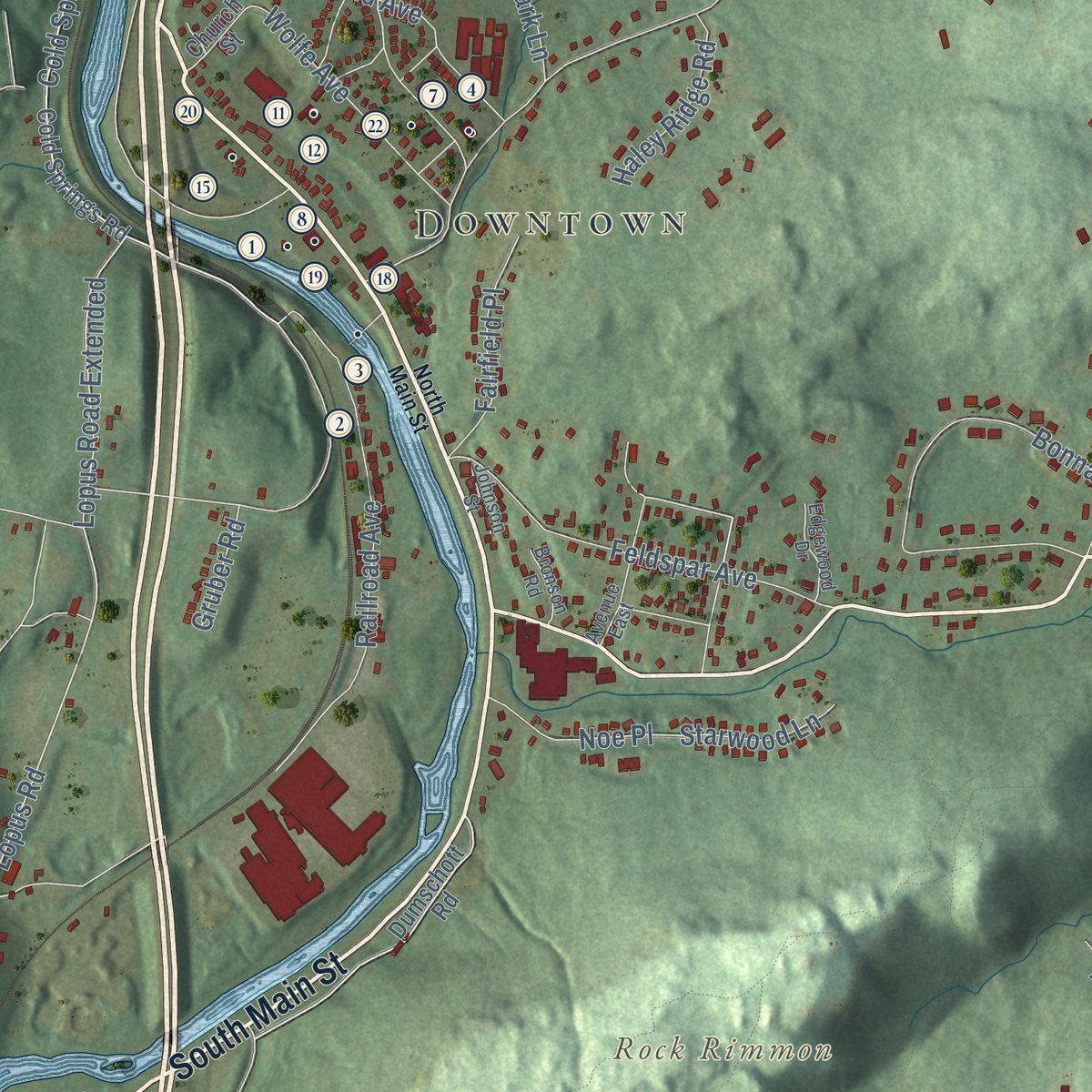 Close-up of the map of Beacon Falls, Connecticut print showing street and building detail