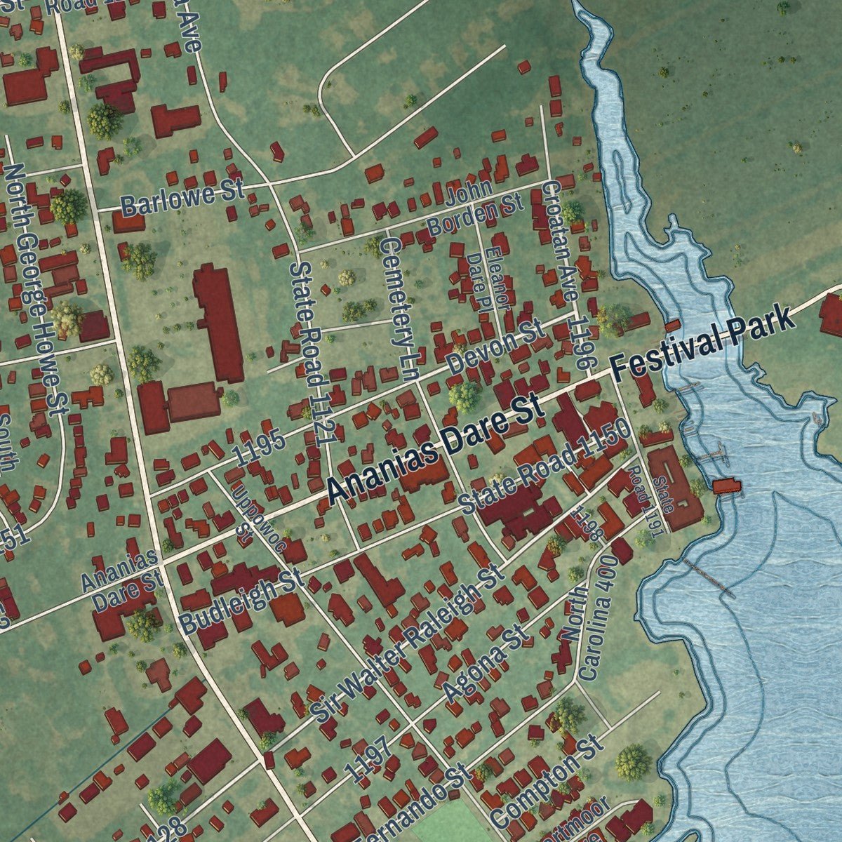 Close-up of the map of Manteo, North Carolina print showing street and building detail