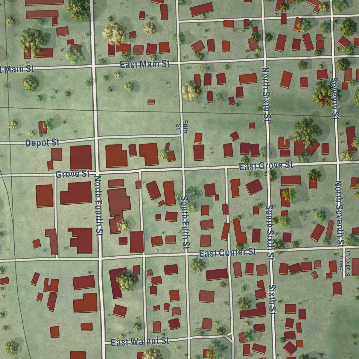 Close-up of the map of Sheldon, Illinois print showing street and building detail