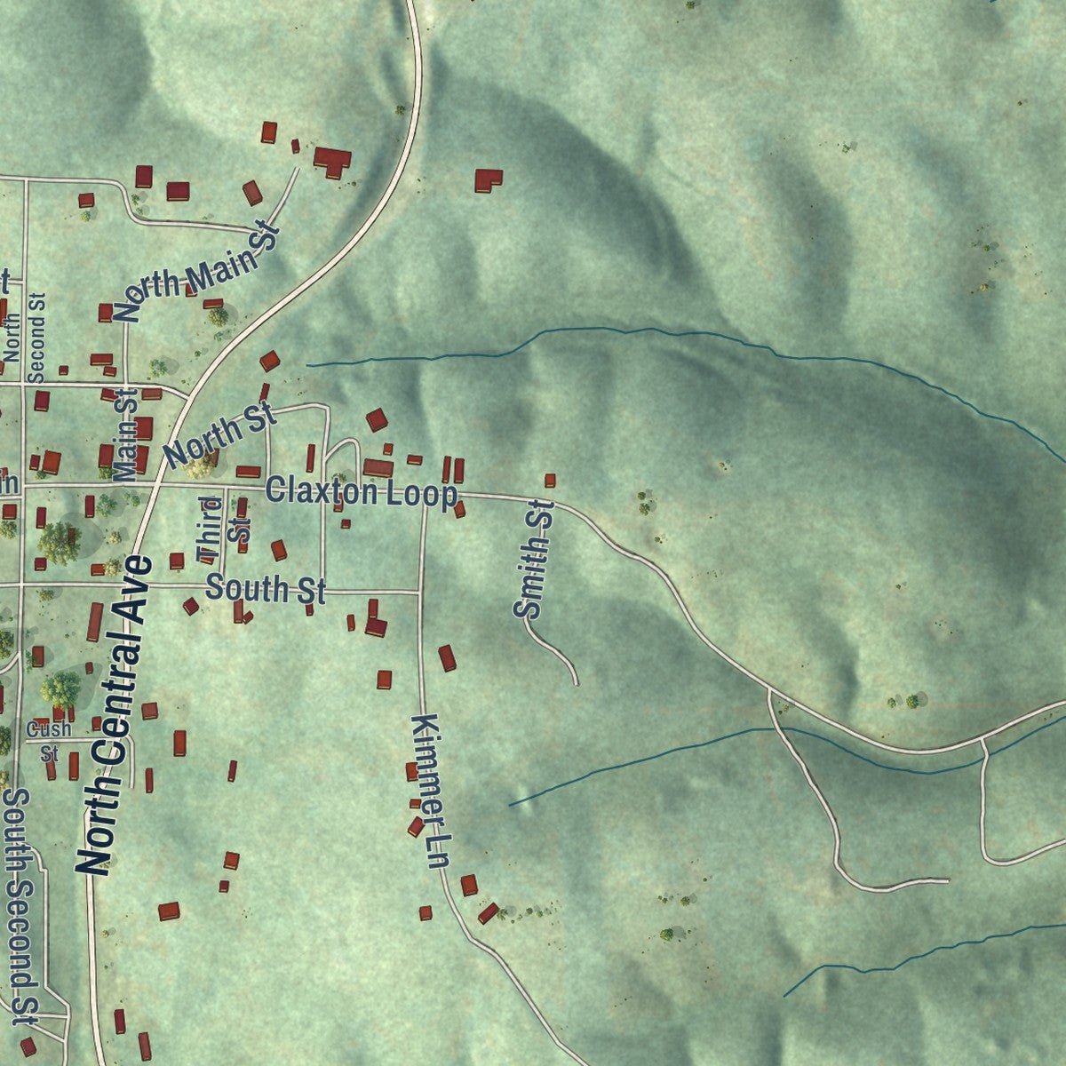 Close-up of the map of Cushman, Arkansas print showing street and building detail