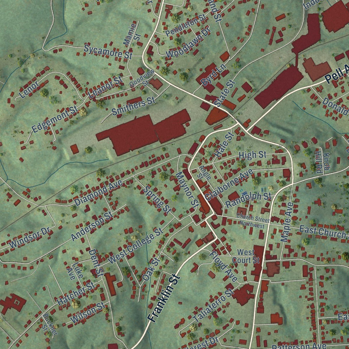 Close-up of the map of Rocky Mount, Virginia print showing street and building detail