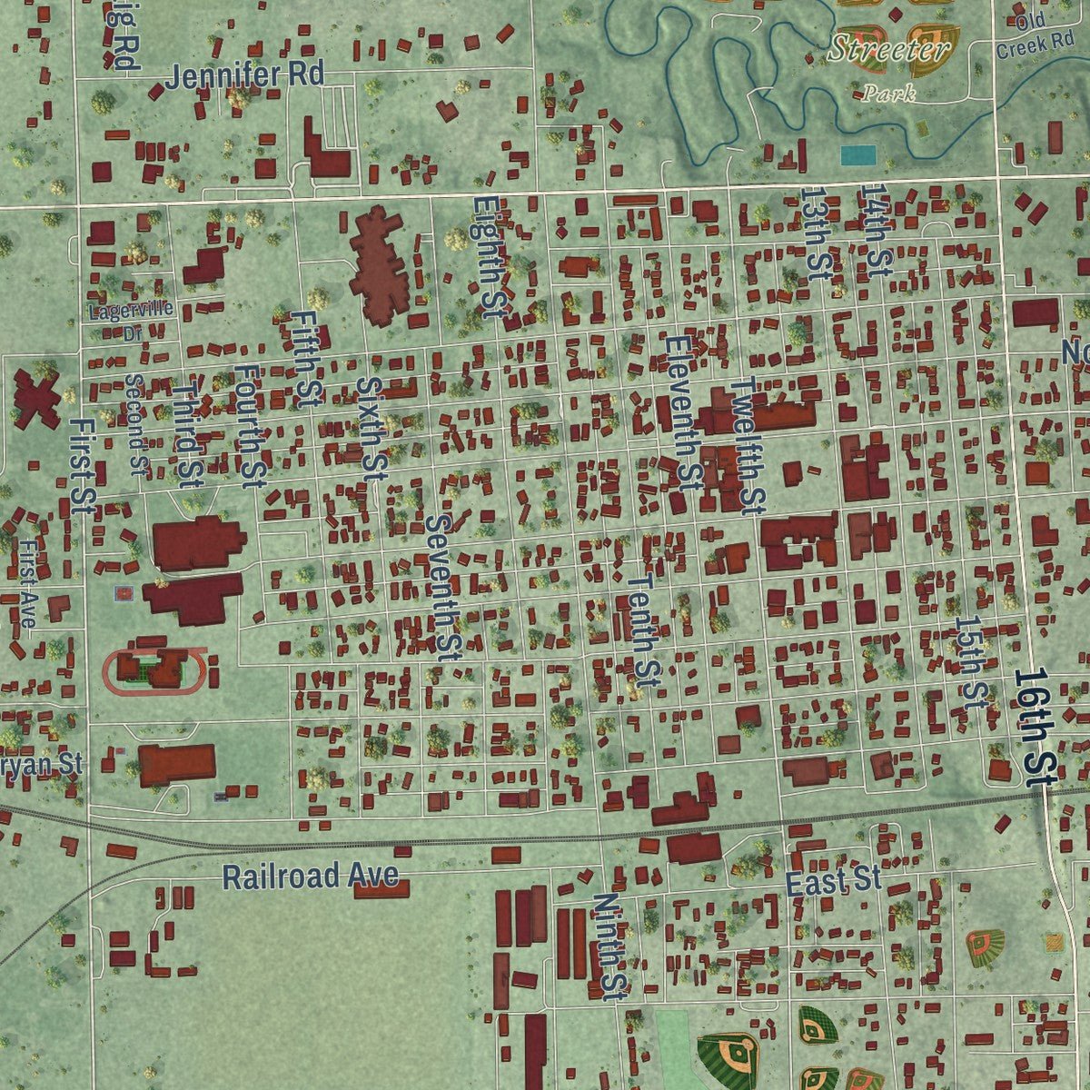 Close-up of the map of Aurora, Nebraska print showing street and building detail