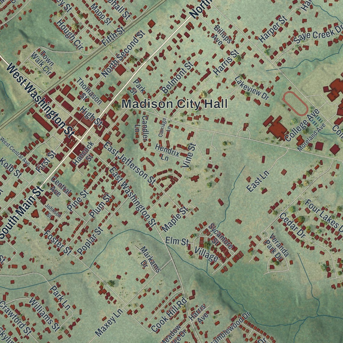 Close-up of the map of Madison, Georgia print showing street and building detail
