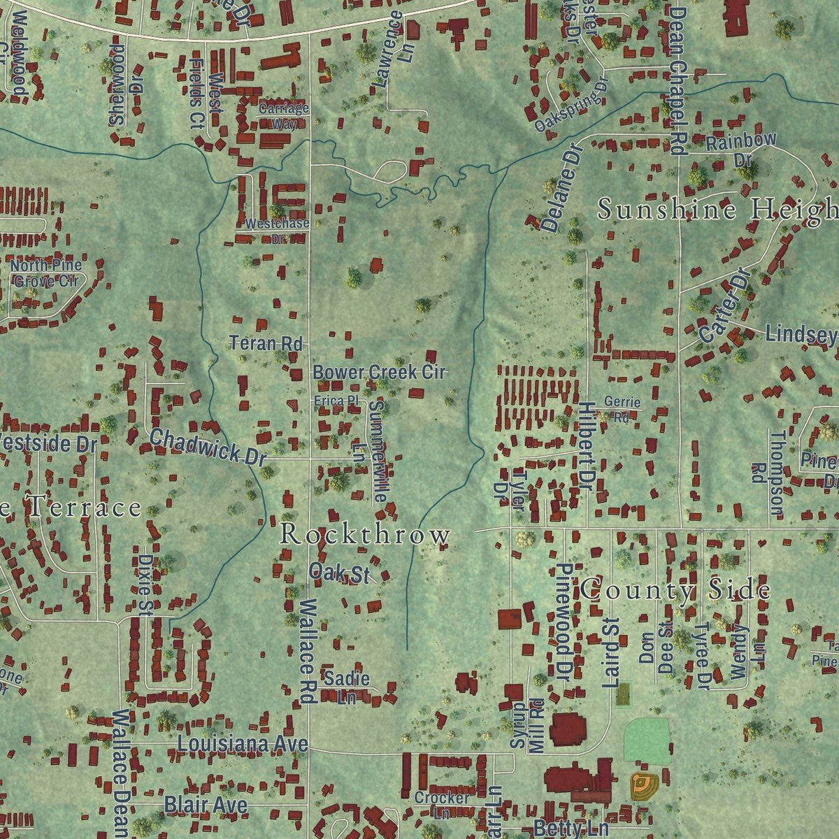 Close-up of the map of Claiborne, Louisiana print showing street and building detail