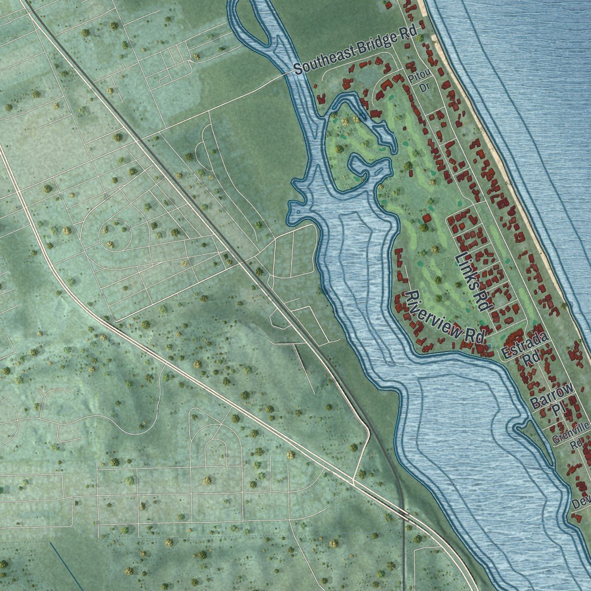 Close-up of the map of Jupiter Island, Florida print showing street and building detail