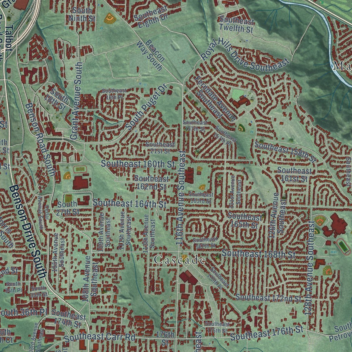 Close-up of the map of Renton, Washington print showing street and building detail