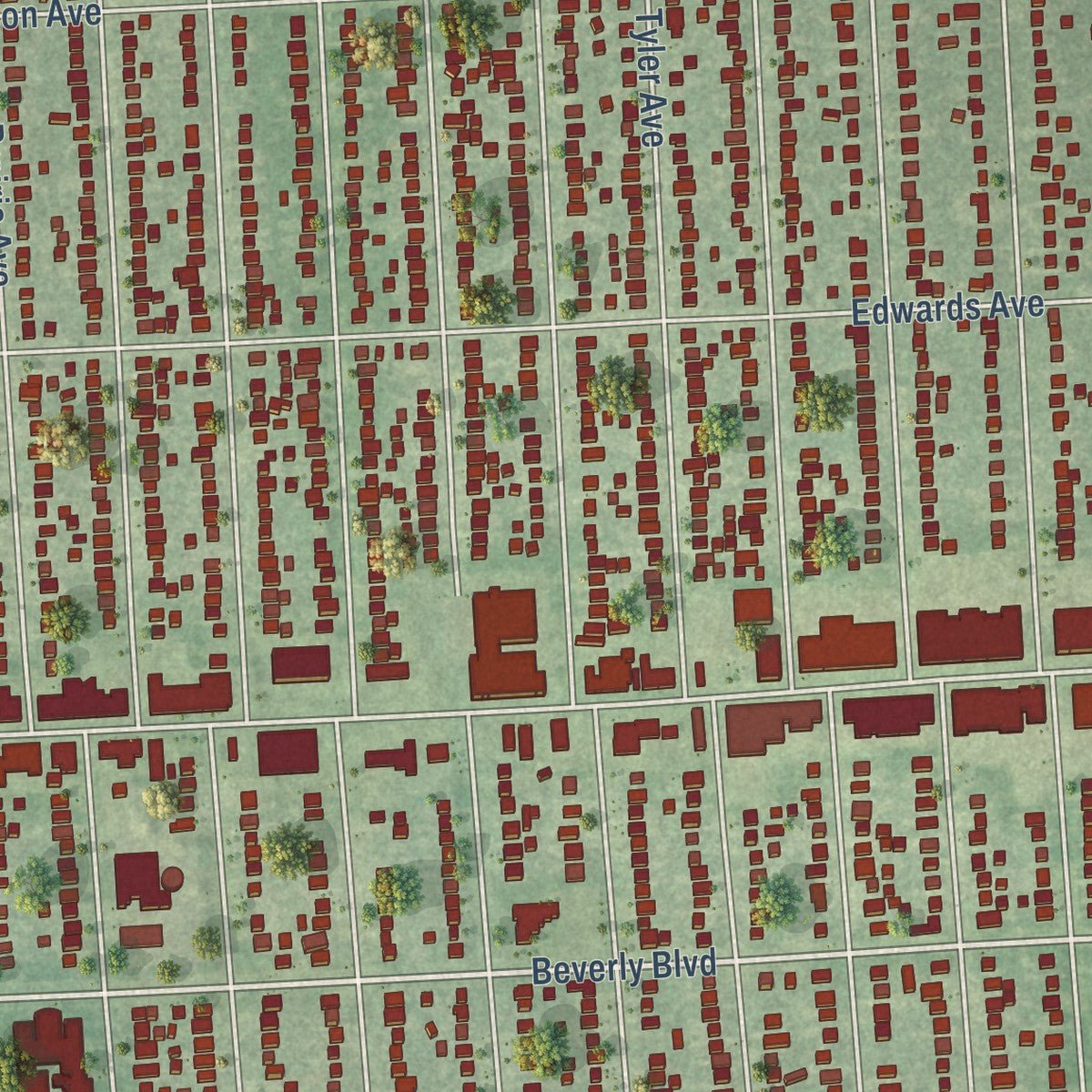 Close-up of the map of Berkley, Michigan print showing street and building detail