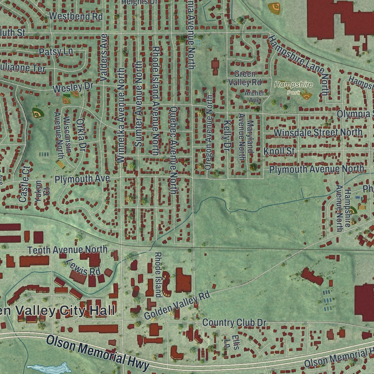 Close-up of the map of Golden Valley, Minnesota print showing street and building detail